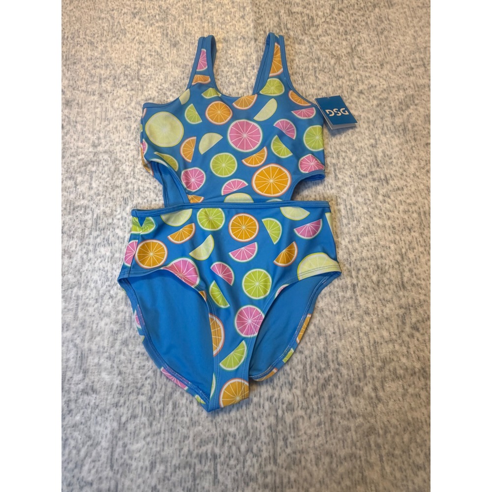 DSG Girls One Piece Swimsuit Cut Outs Citrus Blue Size L Main squeeze nwt‎